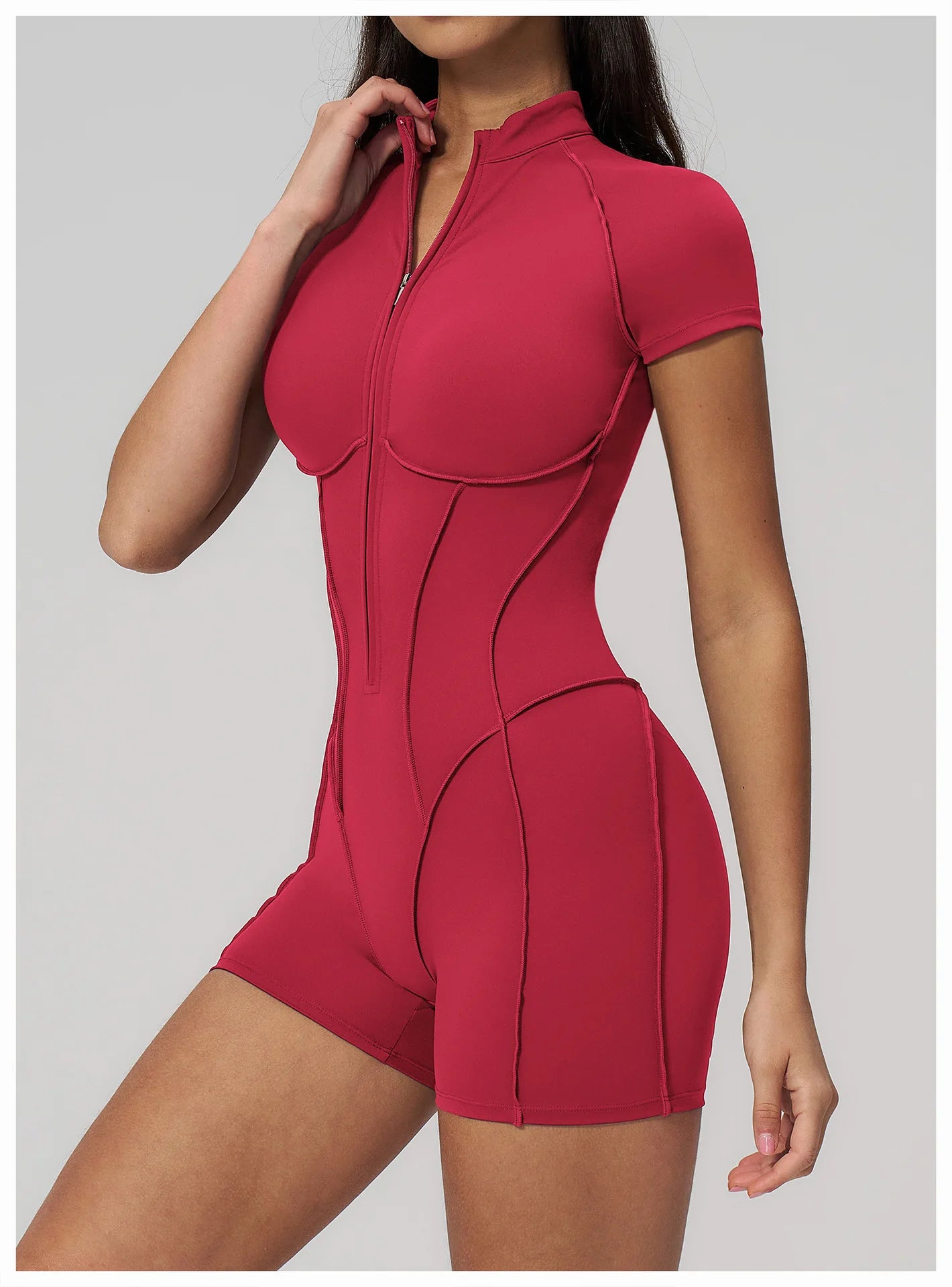 Performance Stretch Jersey Zippered Yoga Bodysuit Short Sleeves For Studio To Street — Red | KIMLUD