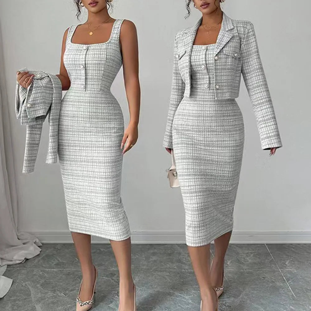 Two-Piece Dress Set – Reversible Collar – Knee-Length Polyester | KIMLUD