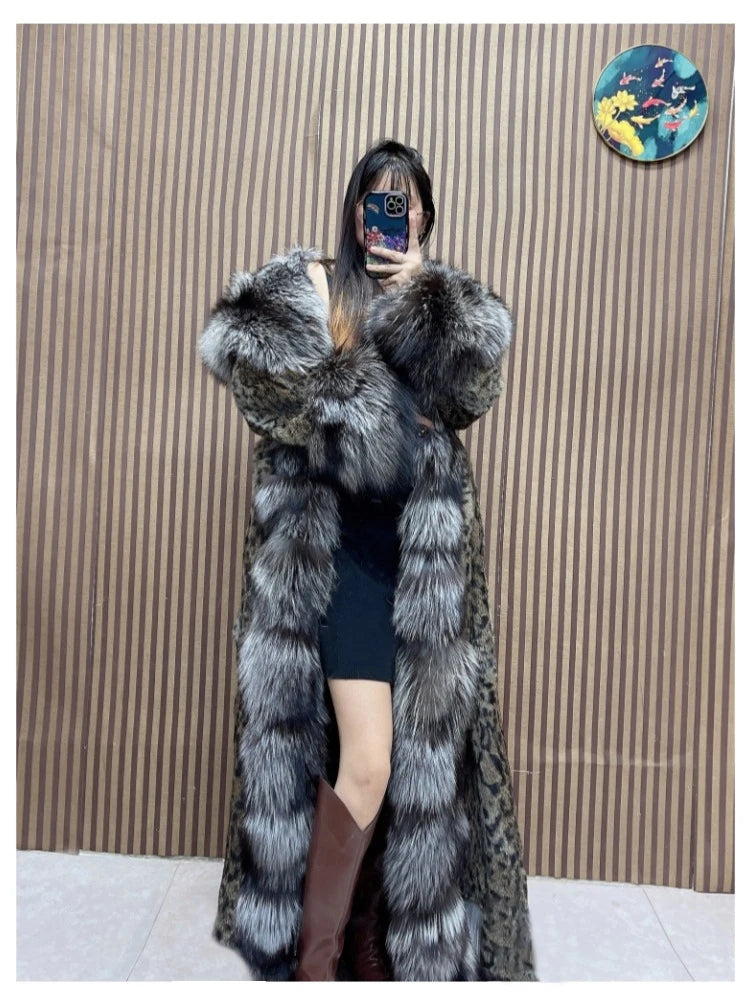 120cm Length Women's Genuine Rabbit Fur Coat Fox Fur Hooded Long Jacket Luxury Overcoats