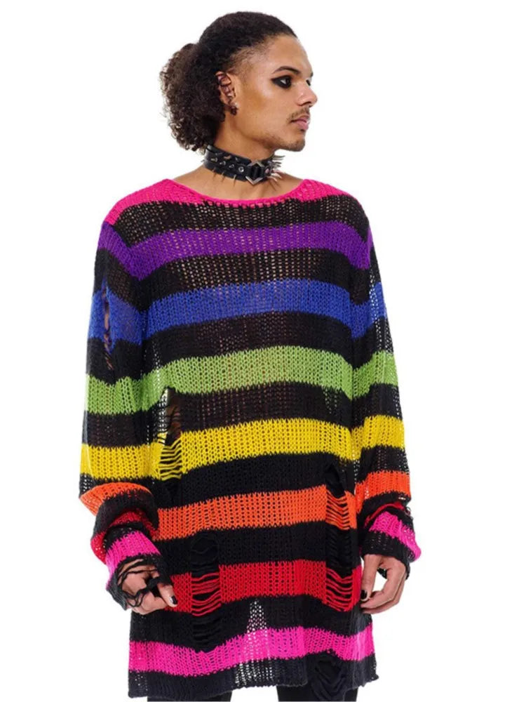 Sweater – Rainbow Gradient Stripes – Knit – Loose | KIMLUD