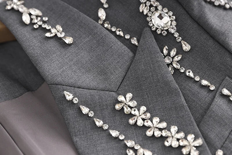 Gray Blazer Handmade Crystal Inlaid Diamond Long Blazer Dress Jacket Double Breasted Button Blazer Suit Outfit Women - KIMLUD