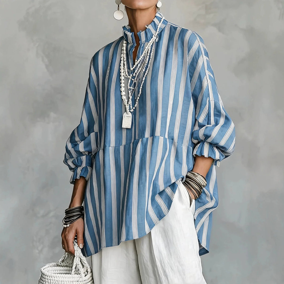 Blouse – Stripes Print – Loose Silhouette – Autumn Casual | KIMLUD