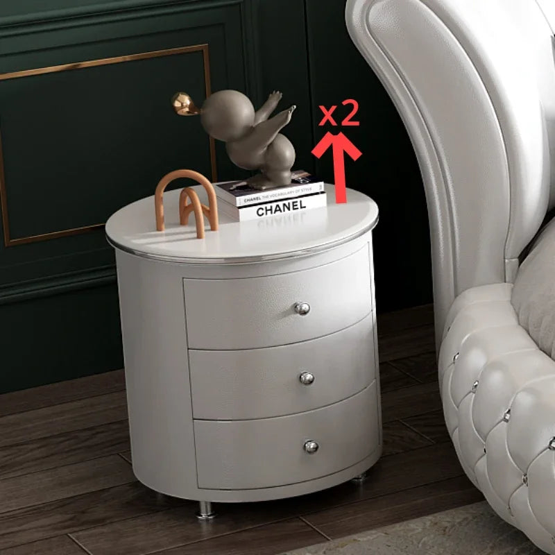 European Style Round Bed Luxury Leather Surface — Ivory White | KIMLUD