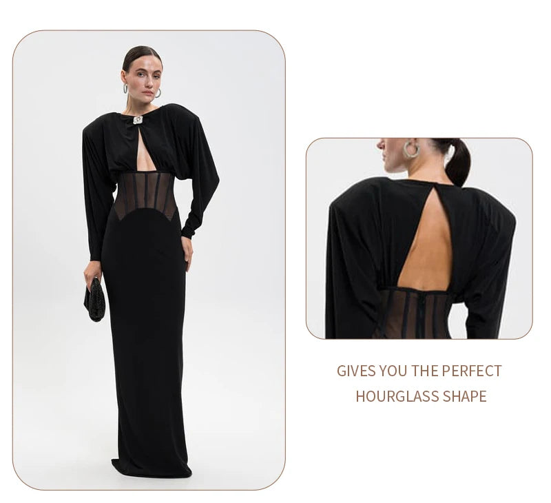 VC Elegant Black Diamond Maxi Evening Dress with Mesh Corset Waist and Jewel Detail – Long Sleeve Formal Evening Gown