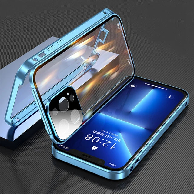 360 Full Protection Metal Magnetic Double Sided Glass Snap Lock Case For iPhone 17 16 15 14 12 13 Pro Max Lens Protection Cover