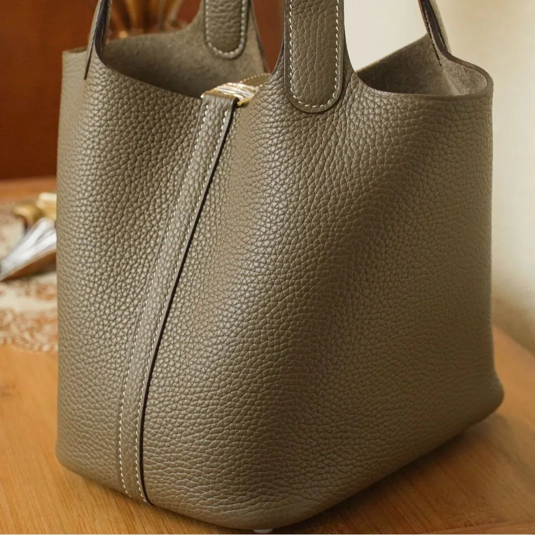 Head Layer Cowhide Leather Bucket Bag Large Capacity — Taupe | KIMLUD