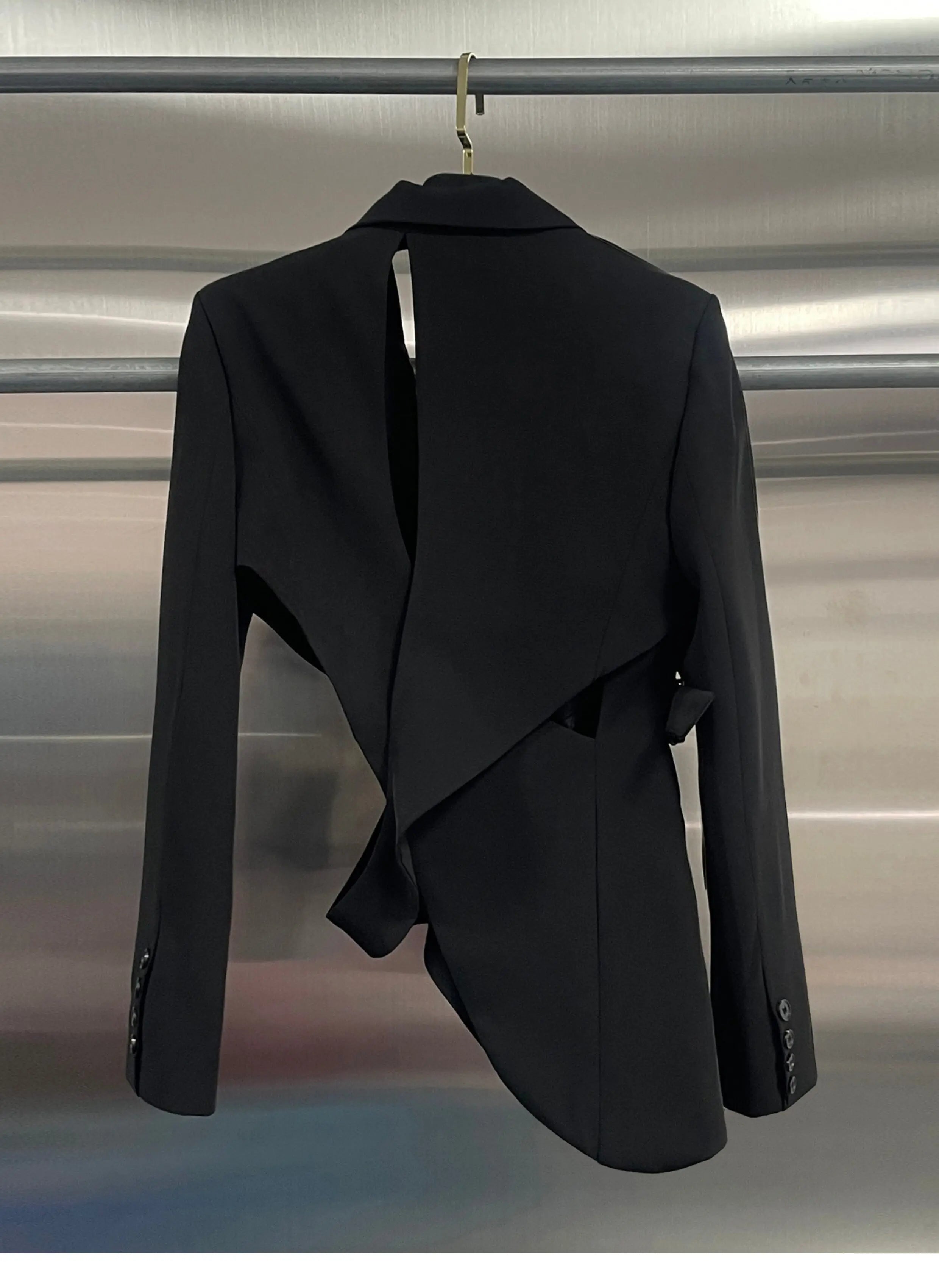 Polyester Cotton Solid Asymmetrical Blazer — Black | KIMLUD