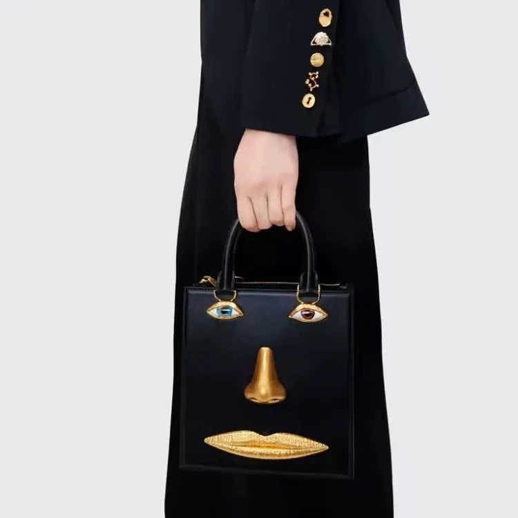 Gold-Tone Leather Face Bag Geometric Motif — Gold | KIMLUD