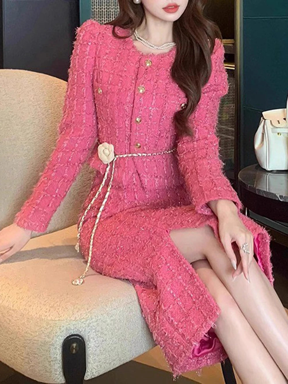 Modphy Autumn Fashion Rose Red Woolen Two Piece Set Women Golden Button Chain Belt Tweed Short Jacket Coat+Split Midi Skirt Suit