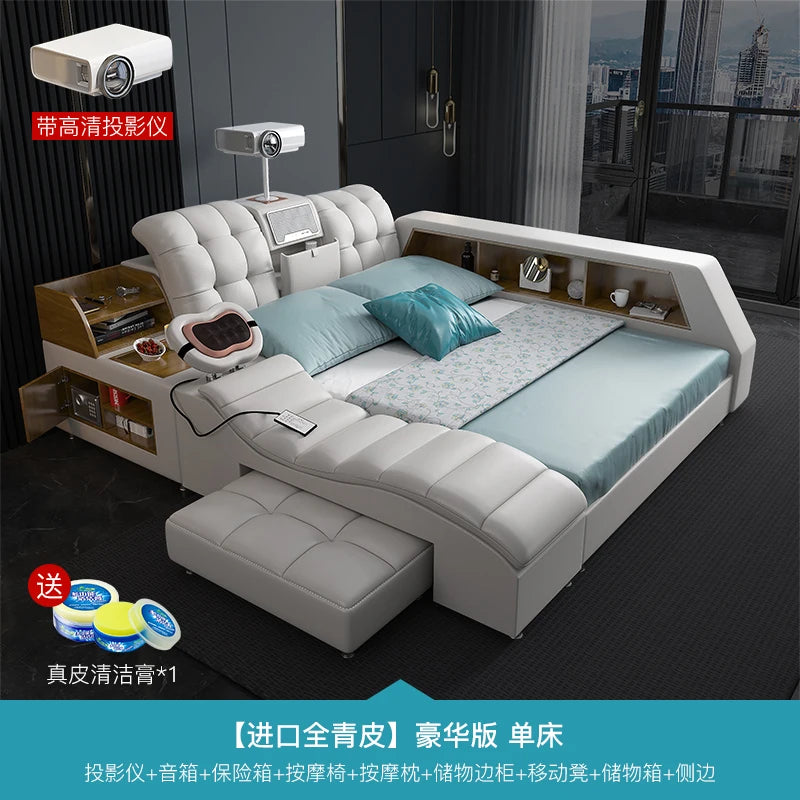 King Simple Double Bed Modern Headrest Storage Sleeping Queen Double Bed Smart Floor Luzko Wielofunkcyjne Furniture For Bedroom
