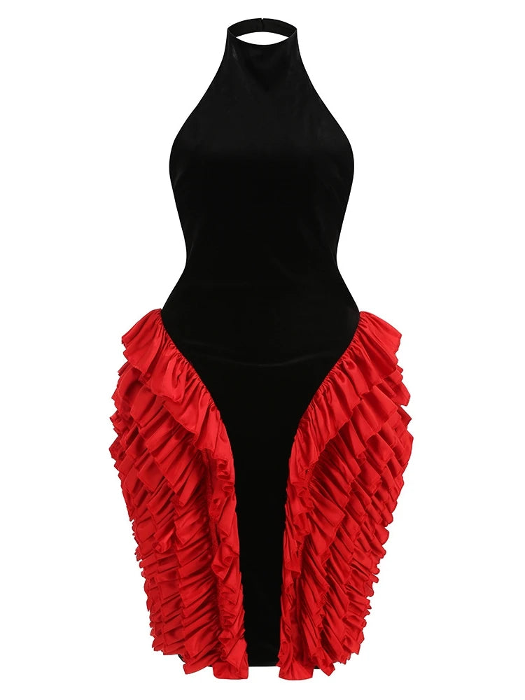 Sexy Sleeveless Halter Neck Ruffles Velvet Patchwork Midi Dress Women Black Red Ruched Bodycon Celebrity Evening Party Dresses