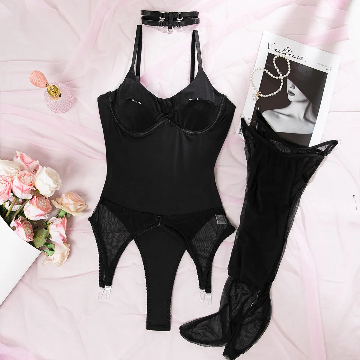 Polyester Elastane Lingerie Bodysuit Open Crotch — Black | KIMLUD