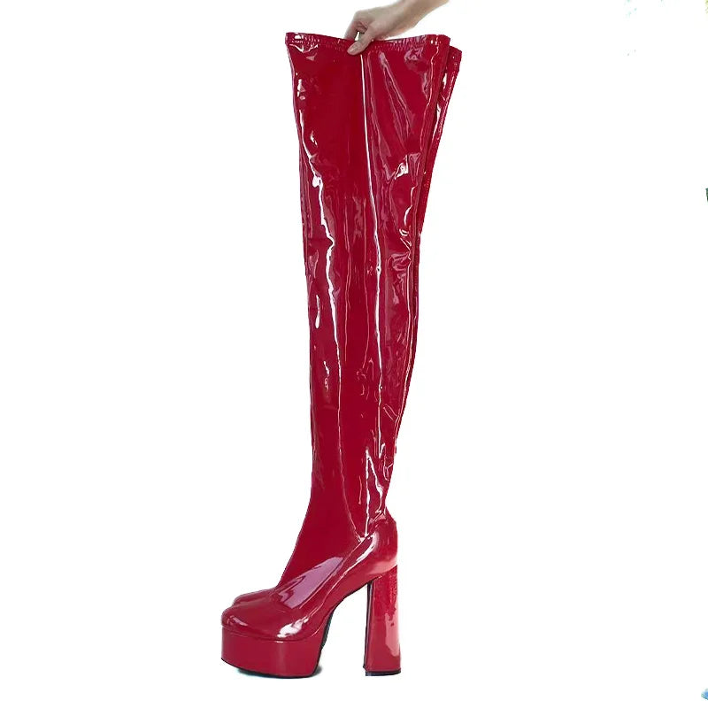 Over-the-Knee Boots – Stretch Patent – Black Burgundy | KIMLUD
