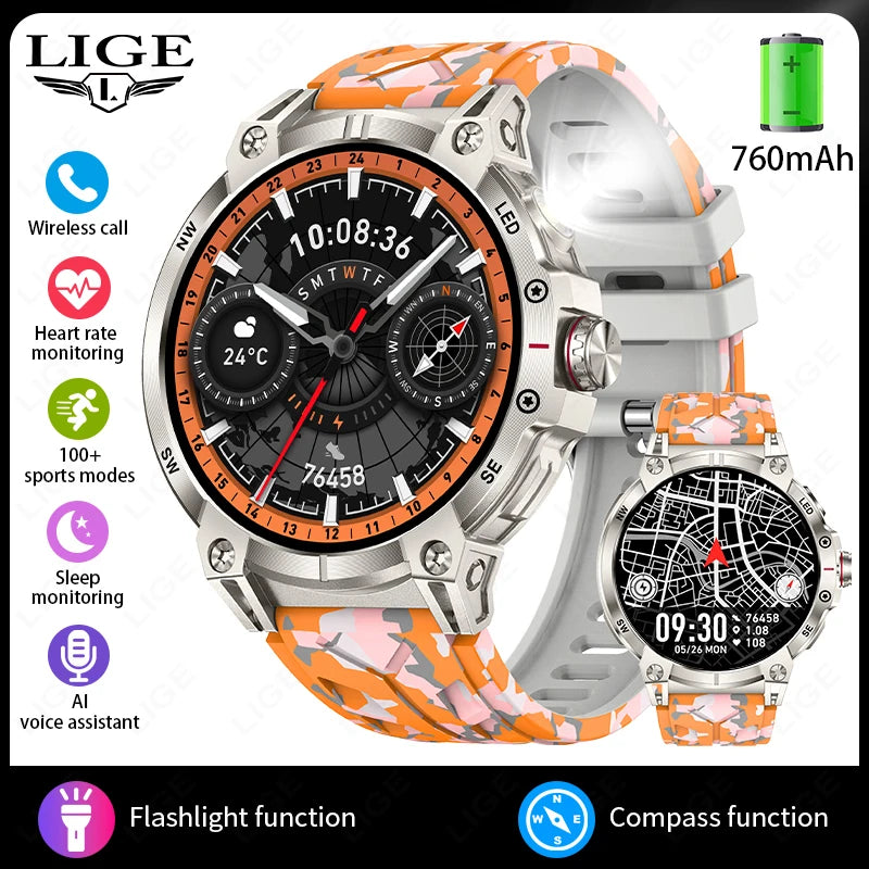 2025 New Military Compass Smart Watch Men 1.85"HD Large Screen Heart Rate Bluetooth Call Waterproof Smartwatch Reloj Inteligente