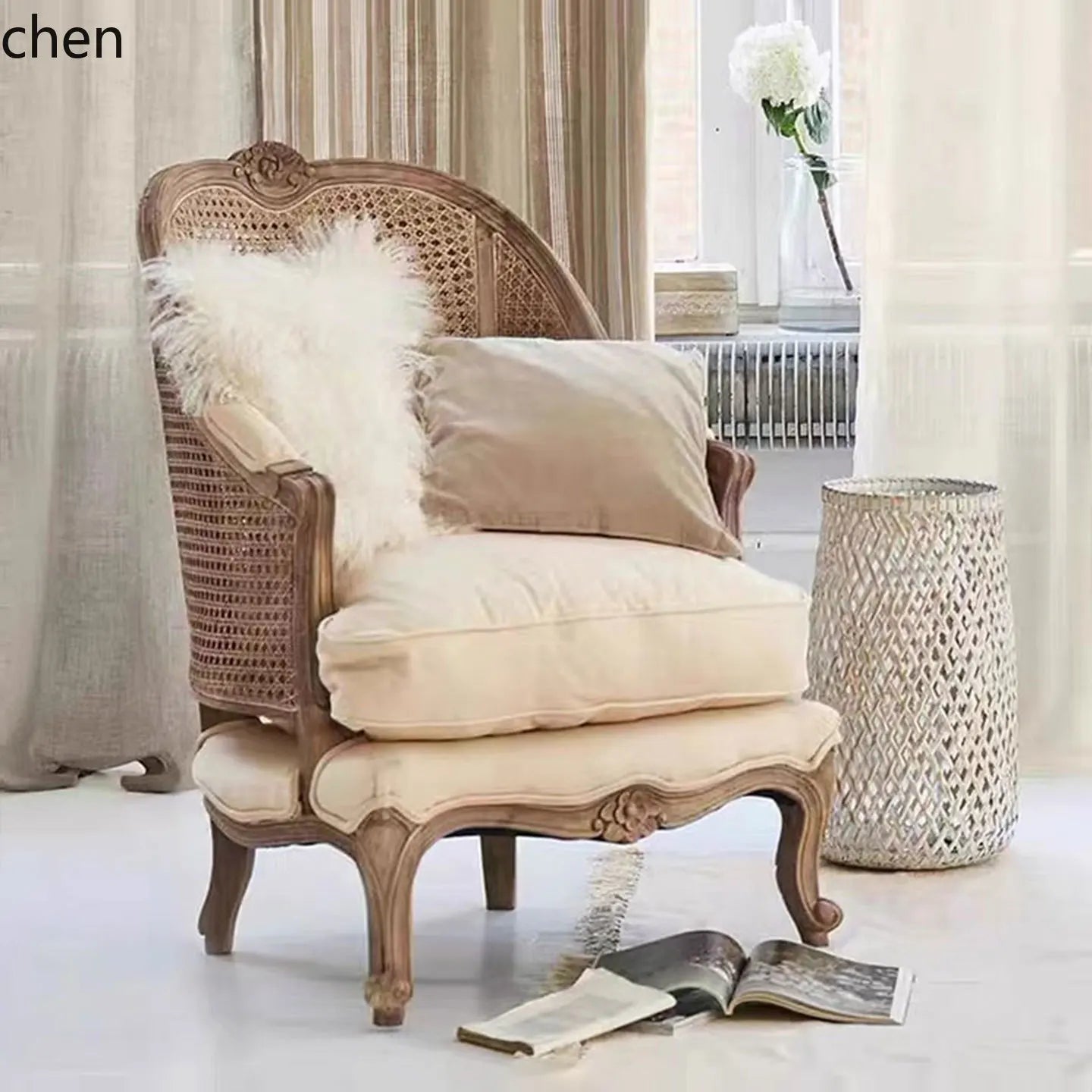 LXC solid wood braided rattan sofa chair retro old living room balcony single studio design sofa
