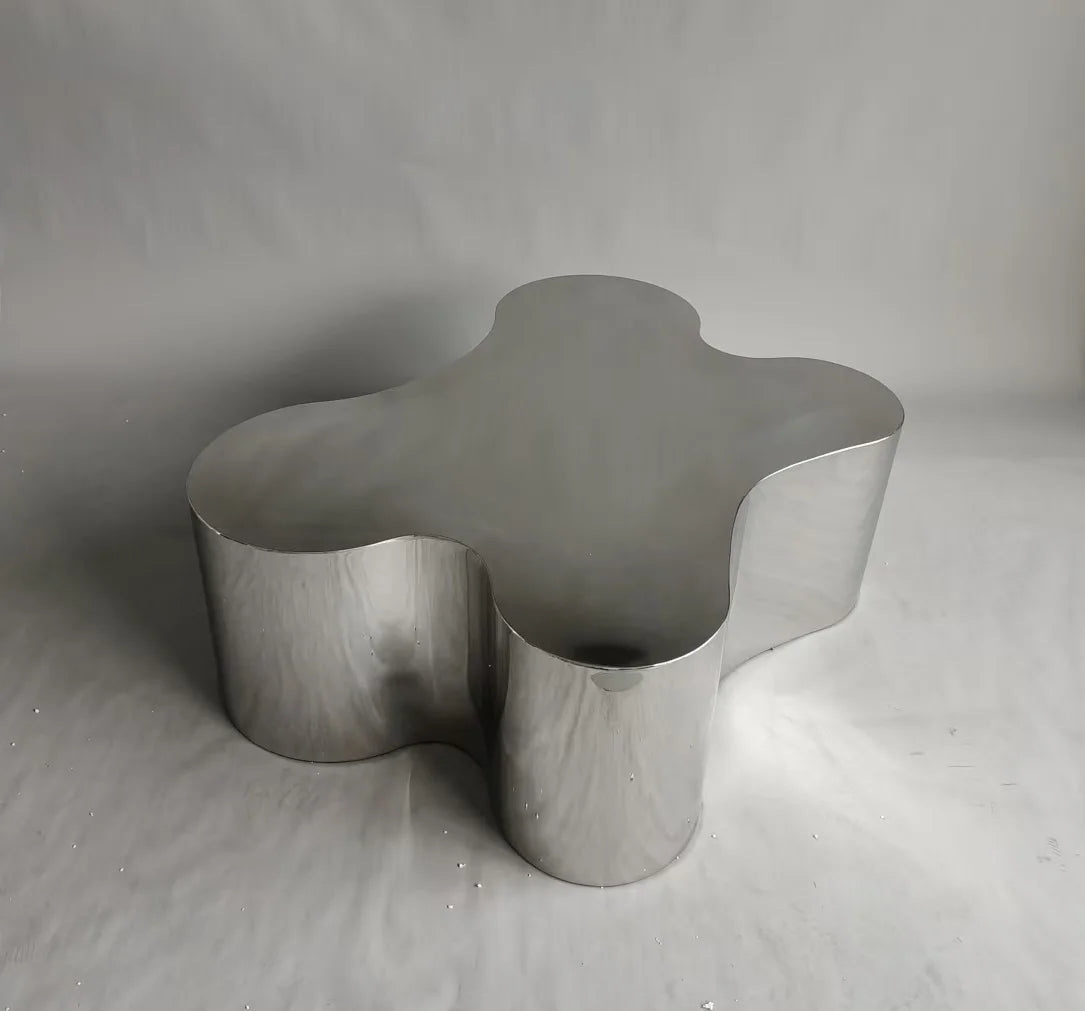 Industrial Metal Coffee Table Sculptural — Brushed Stainless Steel | KIMLUD