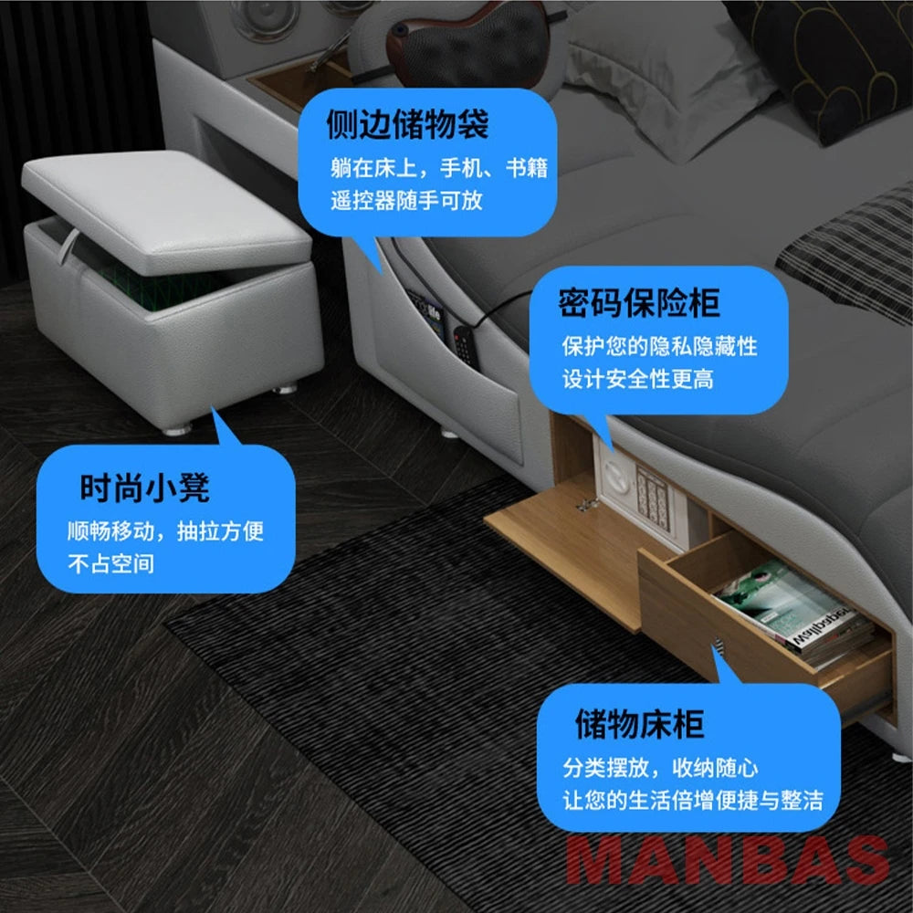 Genuine Leather Bed With Projector USB Speaker — White | KIMLUD