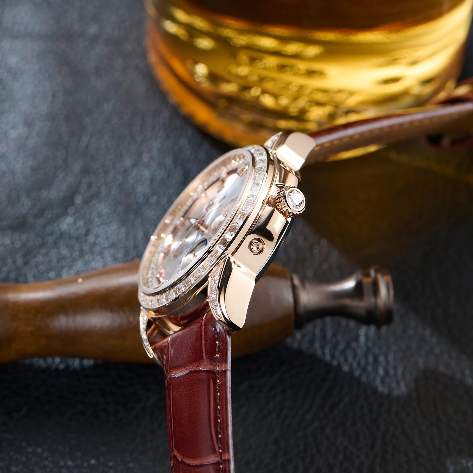 Moonphase Diamond Bezel Automatic Watch With White Dial Leather Strap — Rose Gold | KIMLUD
