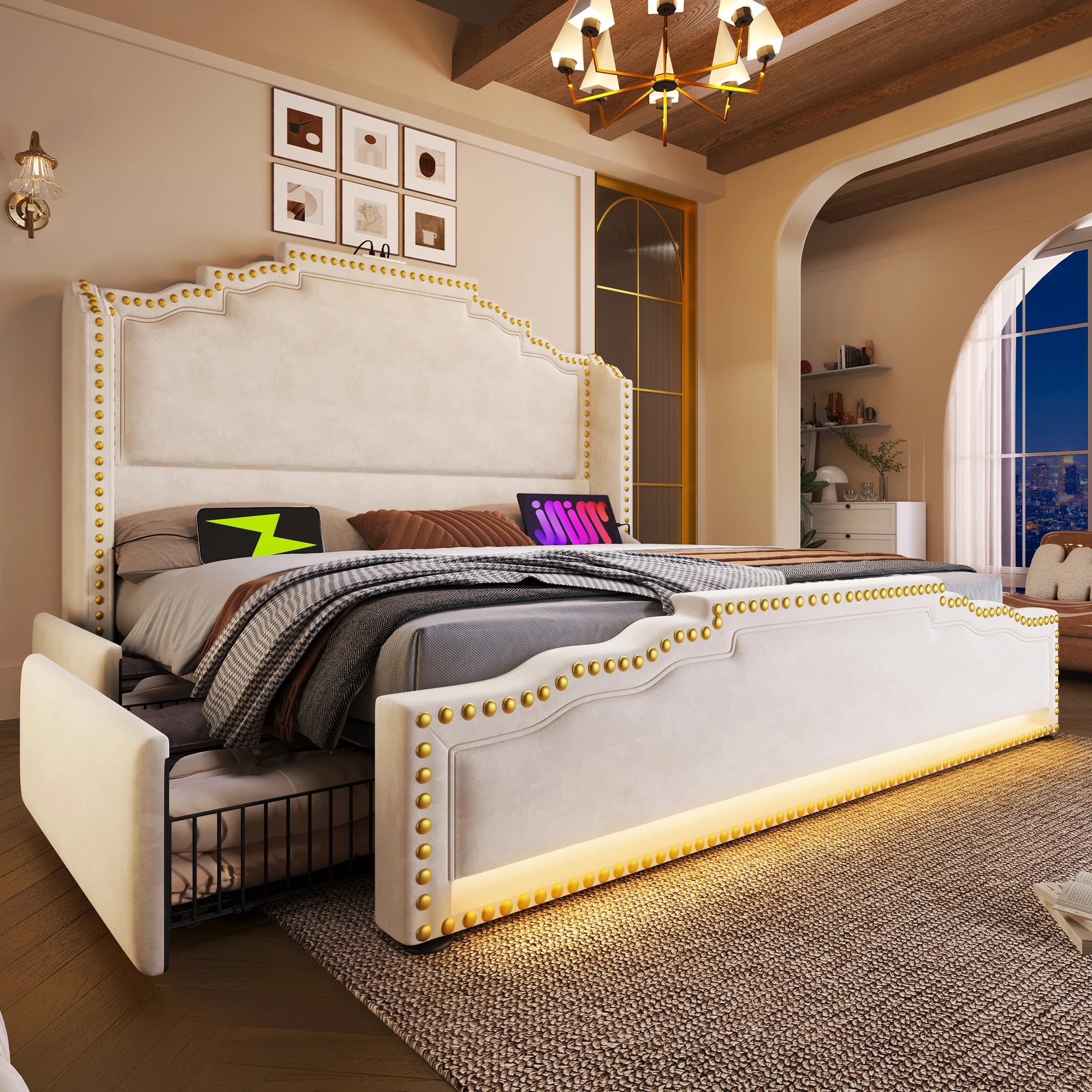 Velvet Upholstered Bed With 4 Drawers And Slatted Frame 140x200 — Beige | KIMLUD