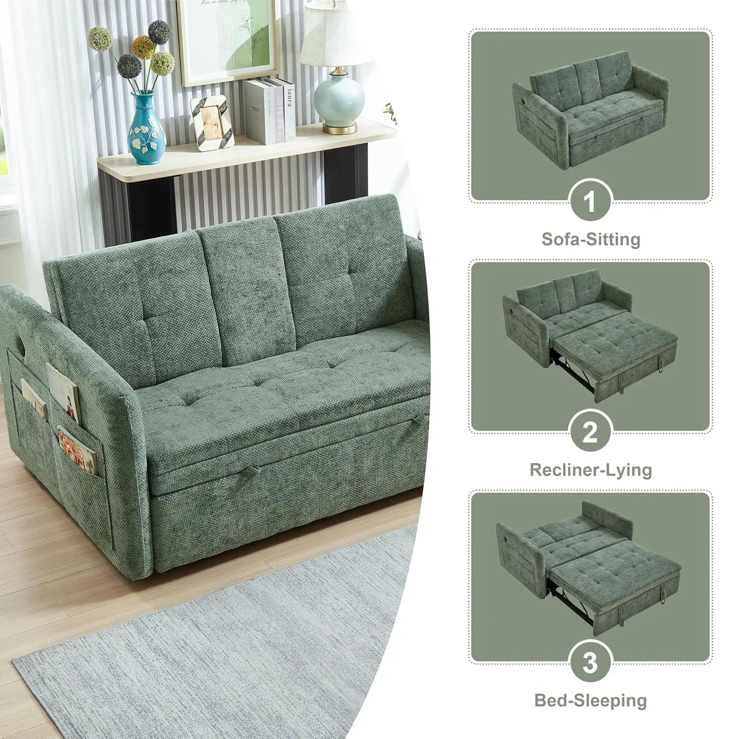 Minimalist Modern Convertible Sofa Bed With Cup Holder — Sage | KIMLUD