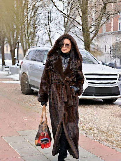 Hooded Coat – Faux Mink Fur – Man-Made Fiber – Dark Brown | KIMLUD