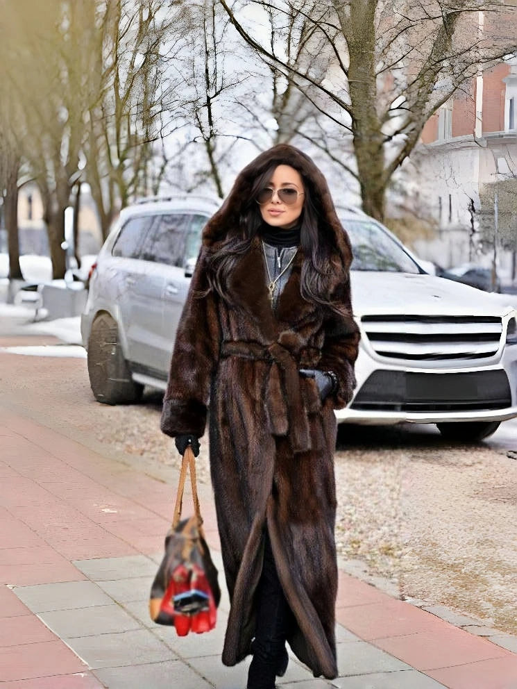 Faux Mink Fur Hooded Coat – Belted – Long Length – Dark Brown | KIMLUD
