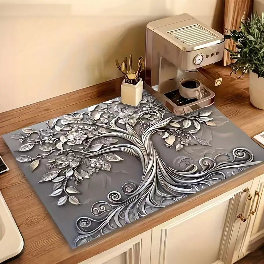 Rubber Stove Cover Mat Tree Design With Intricate Branches — Black | KIMLUD