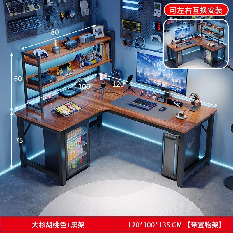 Ergonomic Wood-Panel Desk With Shelves — Dark Wood Tone | KIMLUD