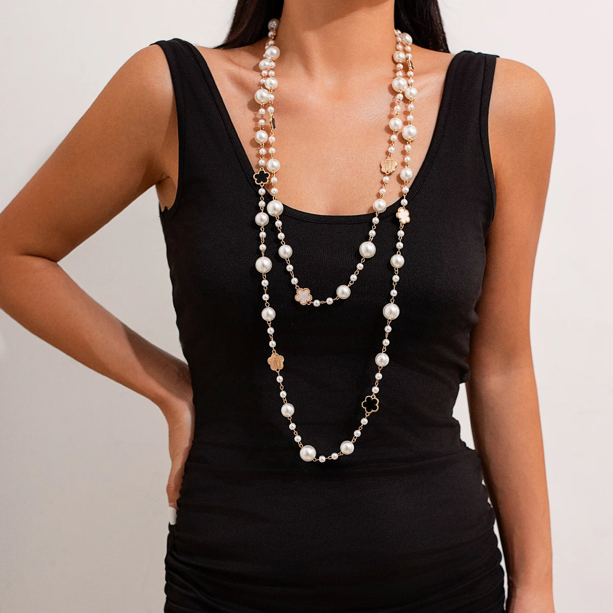 Ingemark Elegant Multilayer Imitation Pearl Choker Necklace for Women Flower Adjustable Long Chain Y2K Jewelry Wed Accessories