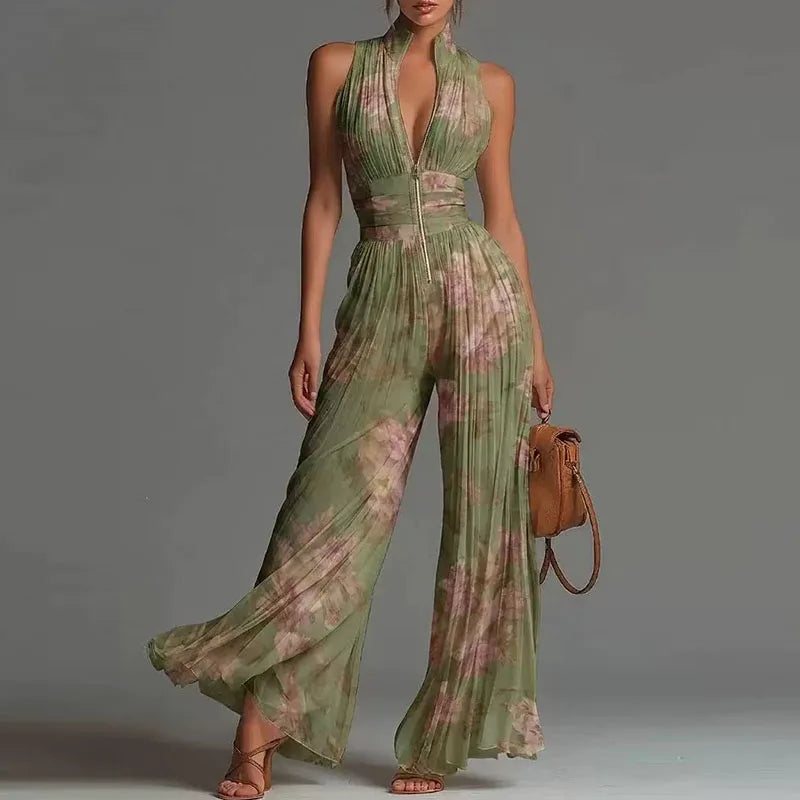 Chiffon Sleeveless Jumpsuit High Waist Pleated Wide Leg Solid — Ivory | KIMLUD
