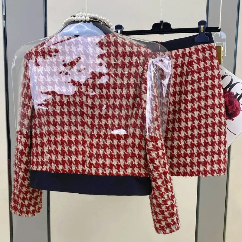 KIMLUD, Women Elegant Chic Vintage Tweed Fragrant Suit Jacke Coat Top And Skirt 2 Piece Set Outfit 2023 New Winter Jacquard Party Cloth, KIMLUD Womens Clothes