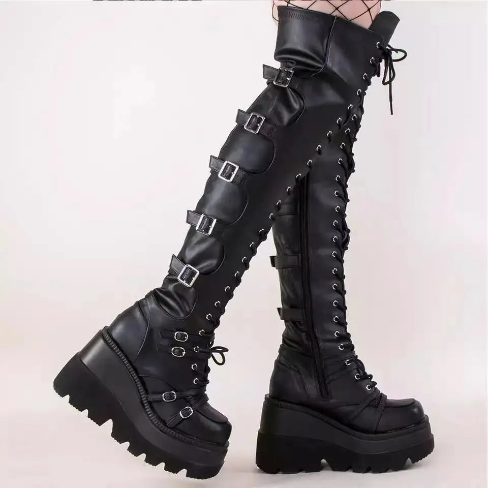 Fashion High Boots Women Platform Wedges Motorcycle Boot Over The Knee Army Stripper Heels Black Lace-up Belt Buckle Long Boots