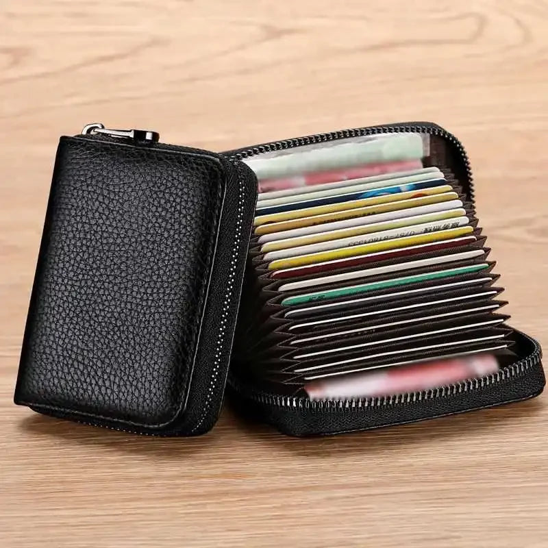 Vintage PU Leather Card Holder Wallet With Multi Slot Zipper — Black | KIMLUD