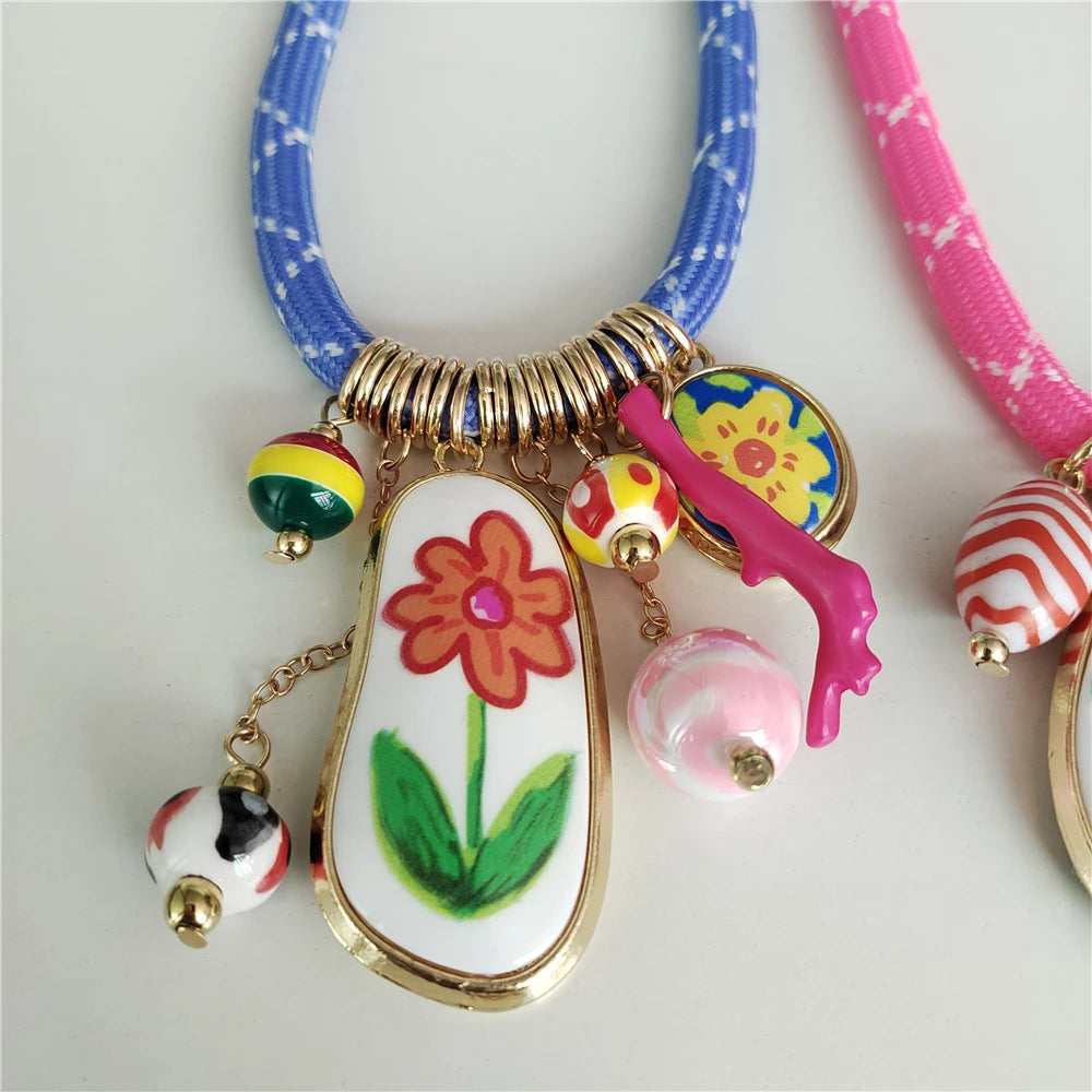 Cord Choker Necklace – Enamel Flower Pendant – Zinc Alloy – Multicolor | KIMLUD