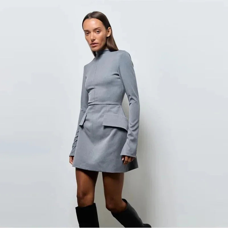 KIMLUD, Stylish Long Sleeve Half Turtleneck Dress Women Casual Autumn Spring Solid Sweet Hip Package Skirts for Female New Party Dresses, Grey / S, KIMLUD Women's Clothes