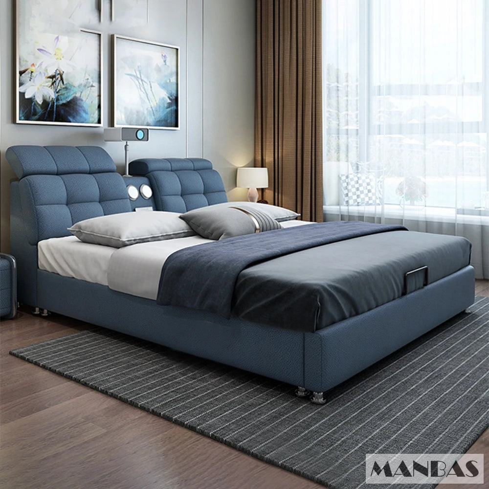 Genuine Leather Bed Frame Smart Multifunctional Tech — Ivory | KIMLUD