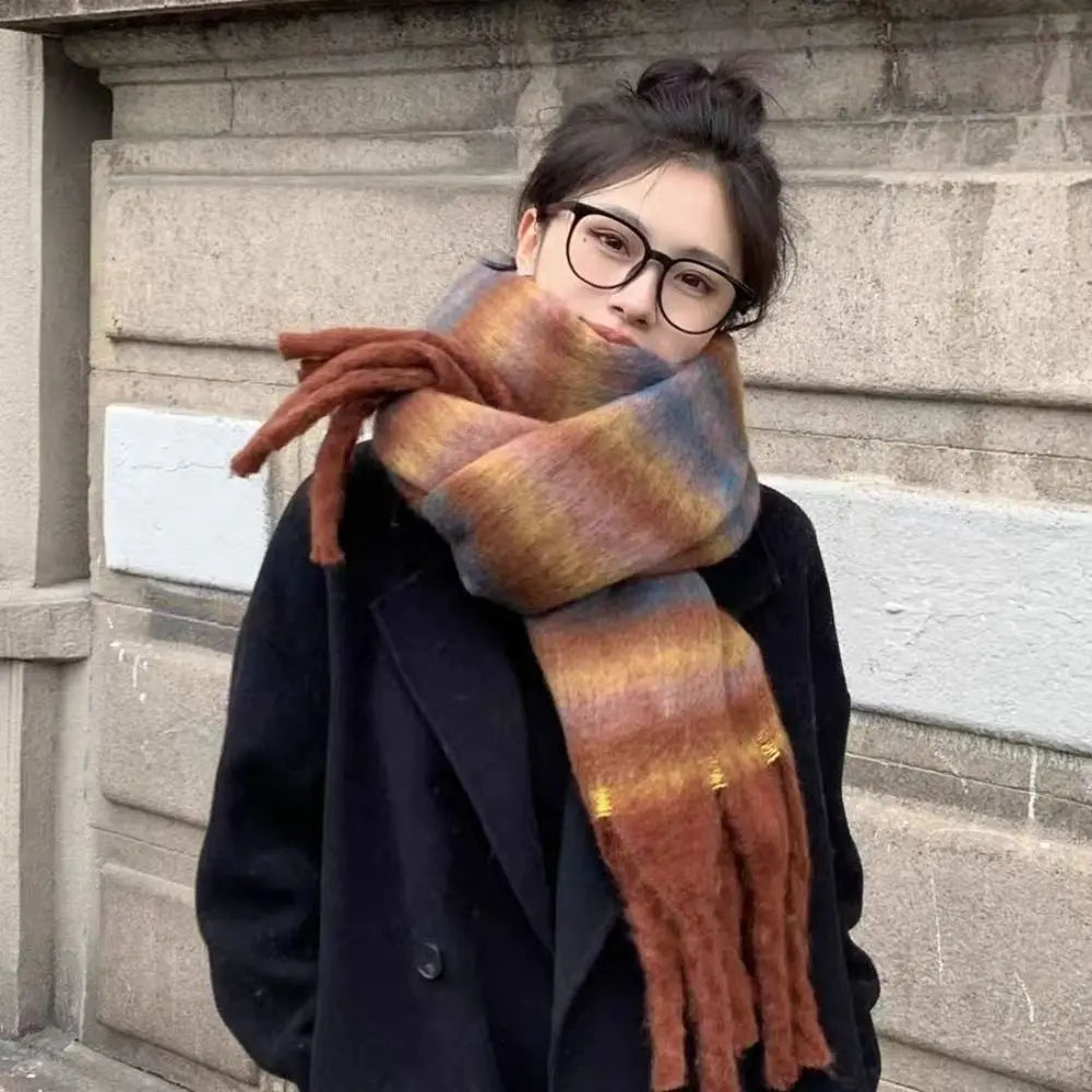Cashmere Mohair Stripe Pattern Scarf With Tassels — Beige | KIMLUD
