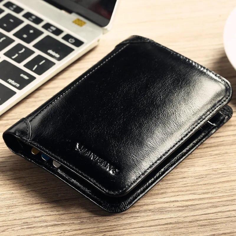 ManBang Luxury Men Wallet Genuine Cow Leather Male RFID Trifold Short Purse For Men with ID Window and Credit Card Holder