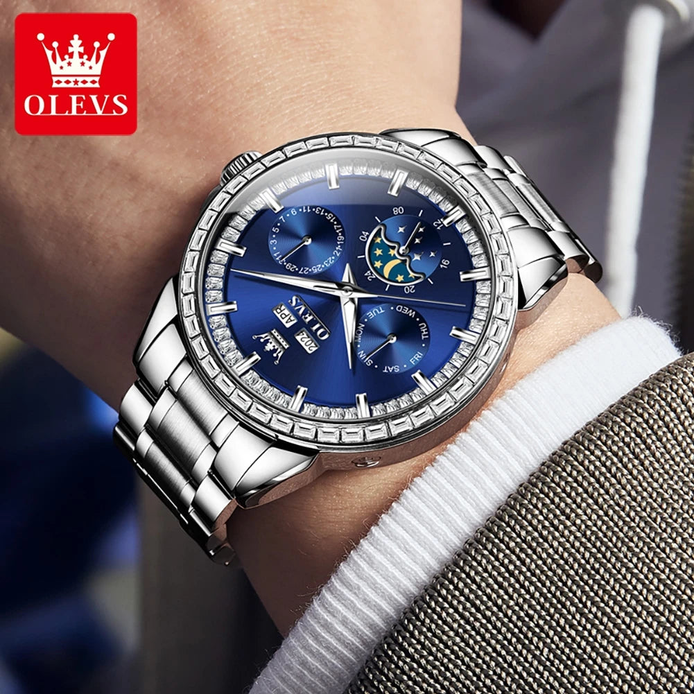 Stainless Steel Moon Phase Watch Luminous Hands — Cobalt Blue | KIMLUD