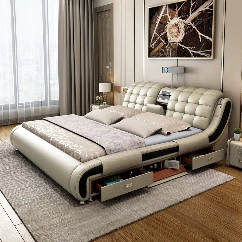 Genuine Leather Upholstered Electric Massage Bed King Size With Storage And Gas Lift — Custom Color | KIMLUD