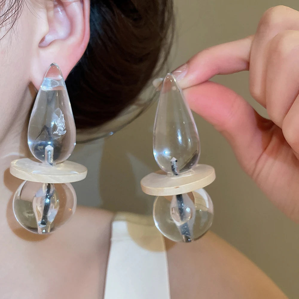 Dangle Earrings – Water Drop Ball – Glass – Transparent | KIMLUD
