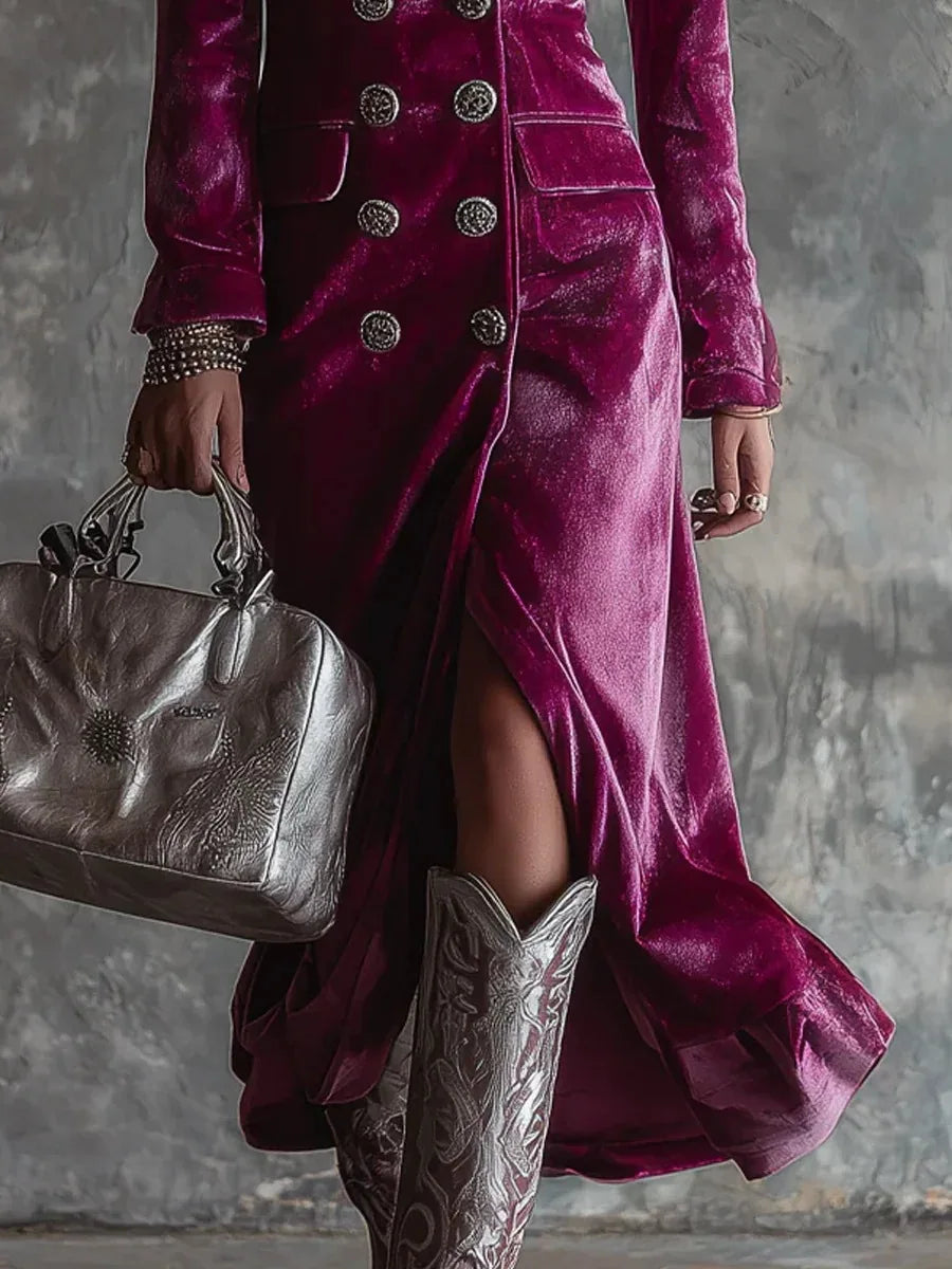 Velvet Double Breasted Dress for Women's Long Sleeve Lapel Collar Split Hem Elegant Vintage Casual Slim Fall Winter Midi Dress