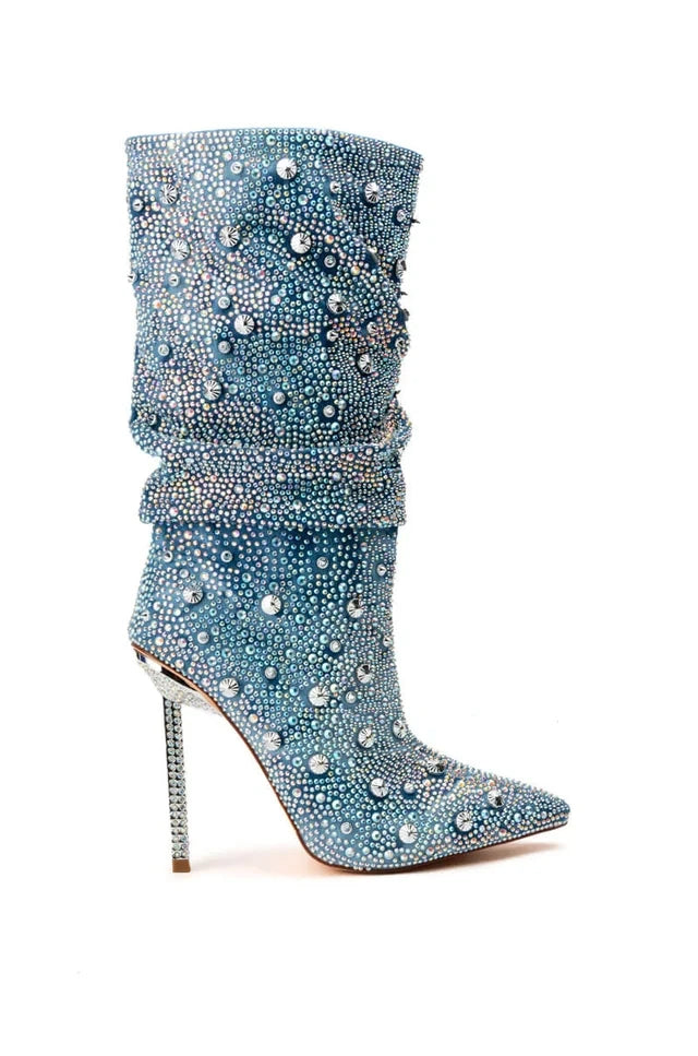 Mid-Calf Boots – Crystal Embellished Pointed Toe – High Heel | KIMLUD