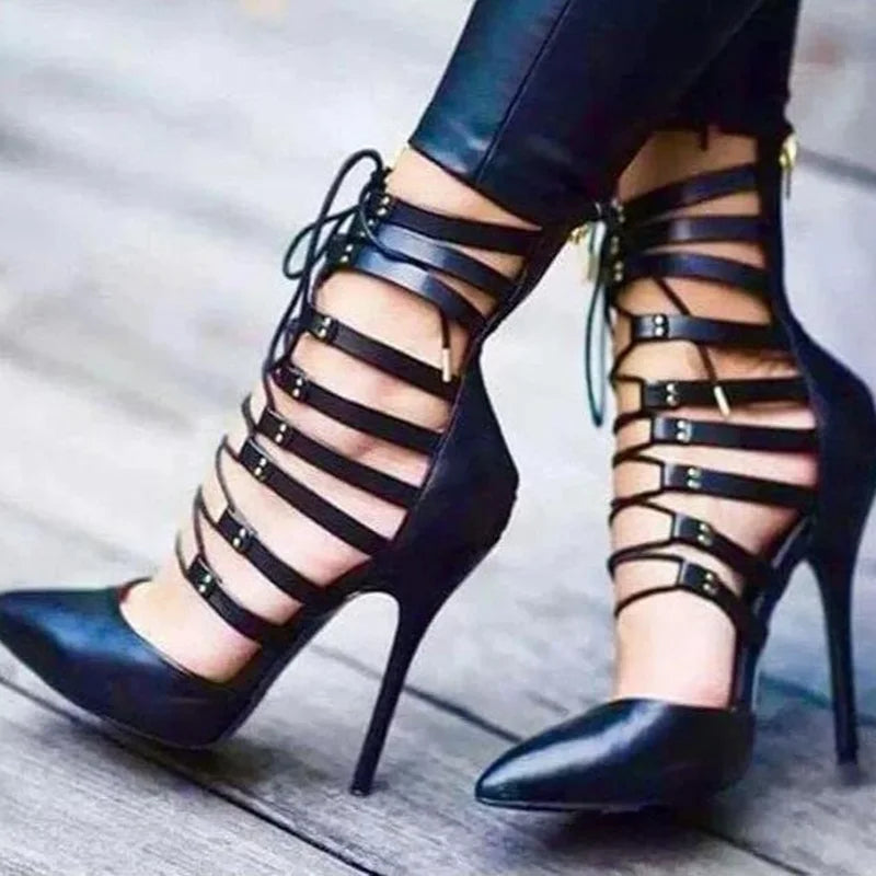 Strappy Sandals – Pointed Toe Cut-out Lace-up Straps – Bonded Leather Heels | KIMLUD