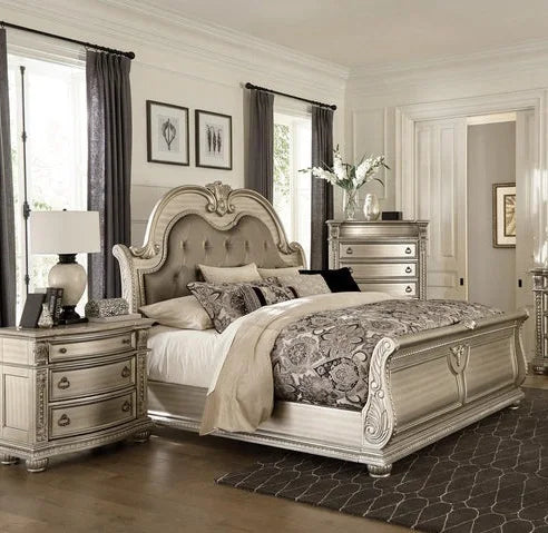 Classic Upholstered Bed Set Custom Size Queen And King — Ivory | KIMLUD