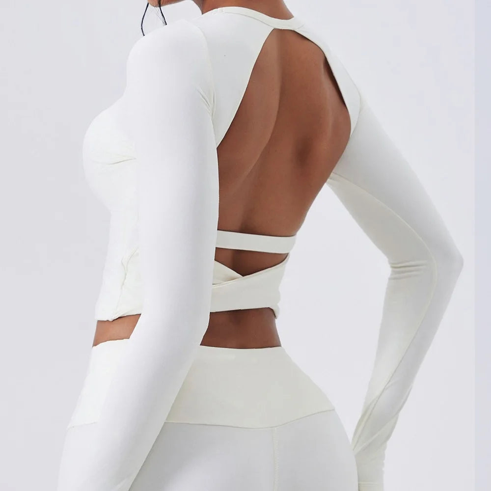 Cloud Hide Yoga Shirt Sexy Back Long Sleeve — Gray | KIMLUD