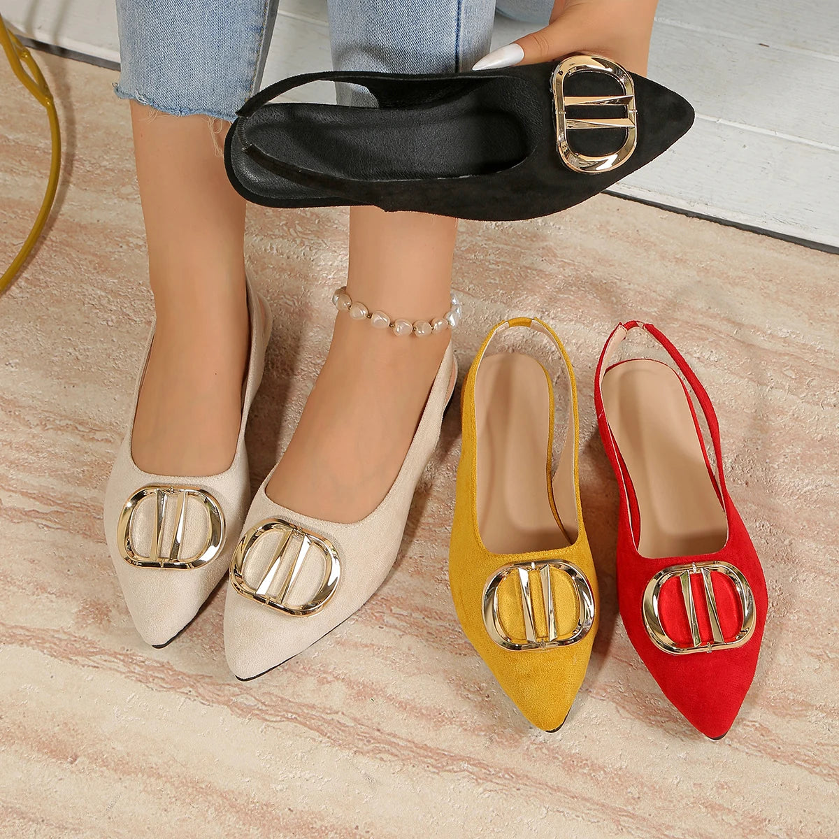 Flat Shoes – Pointed Toe – Metal Accents – Back Strap Buckle | KIMLUD