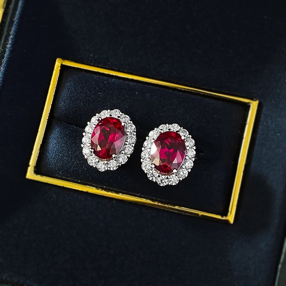 Sterling Silver Stud Earrings Oval Cut Ruby Sapphire — Multicolor | KIMLUD