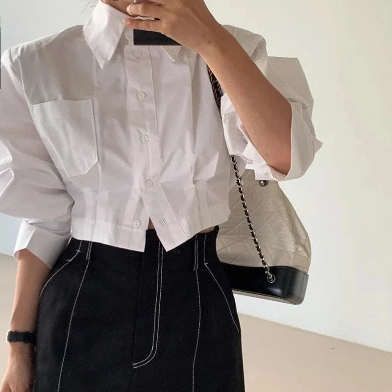 Polyester Blouse Turn-Down Collar Long Sleeve — White | KIMLUD