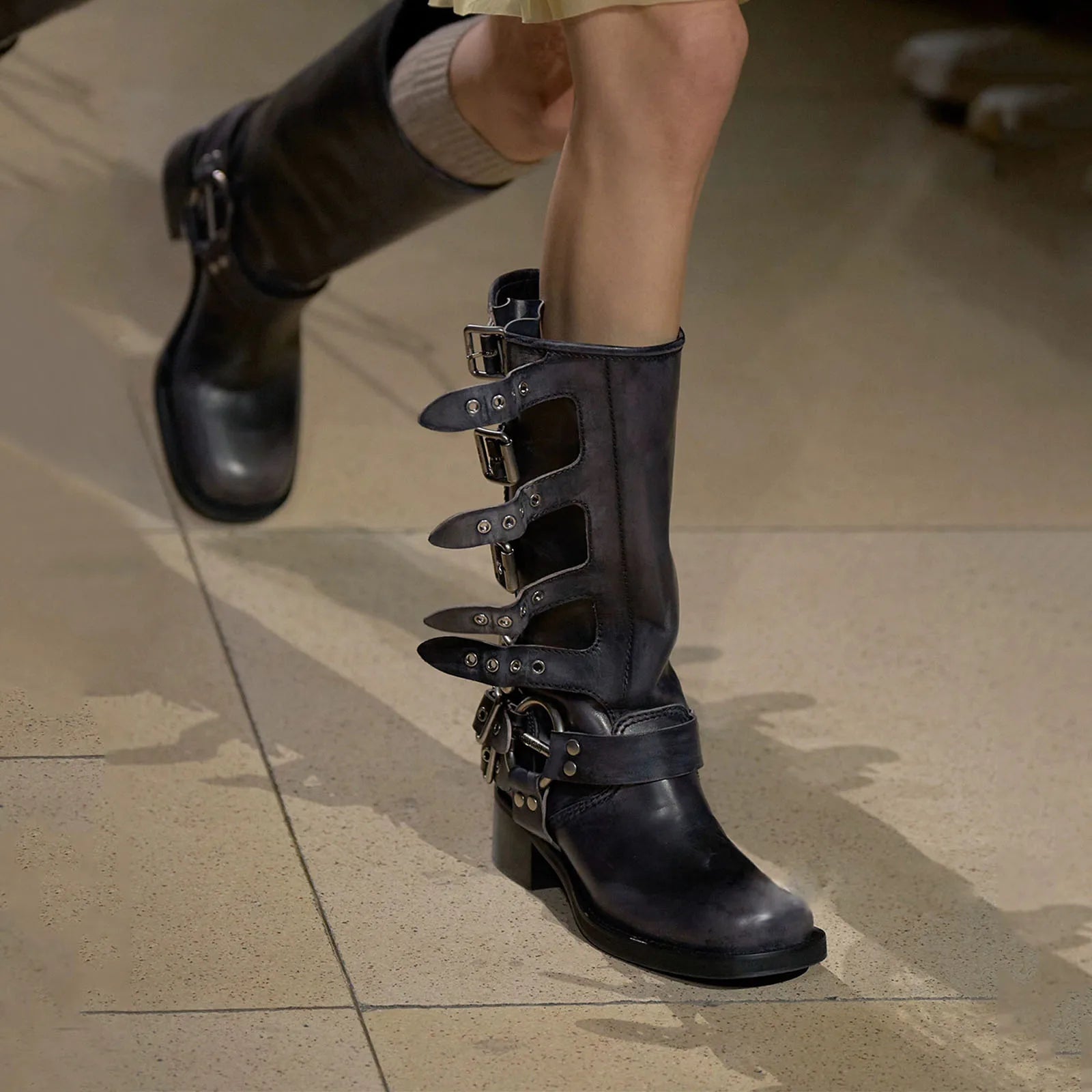 Knee-High Western Boots – Platform Rivet Belt Buckle – Genuine Leather | KIMLUD